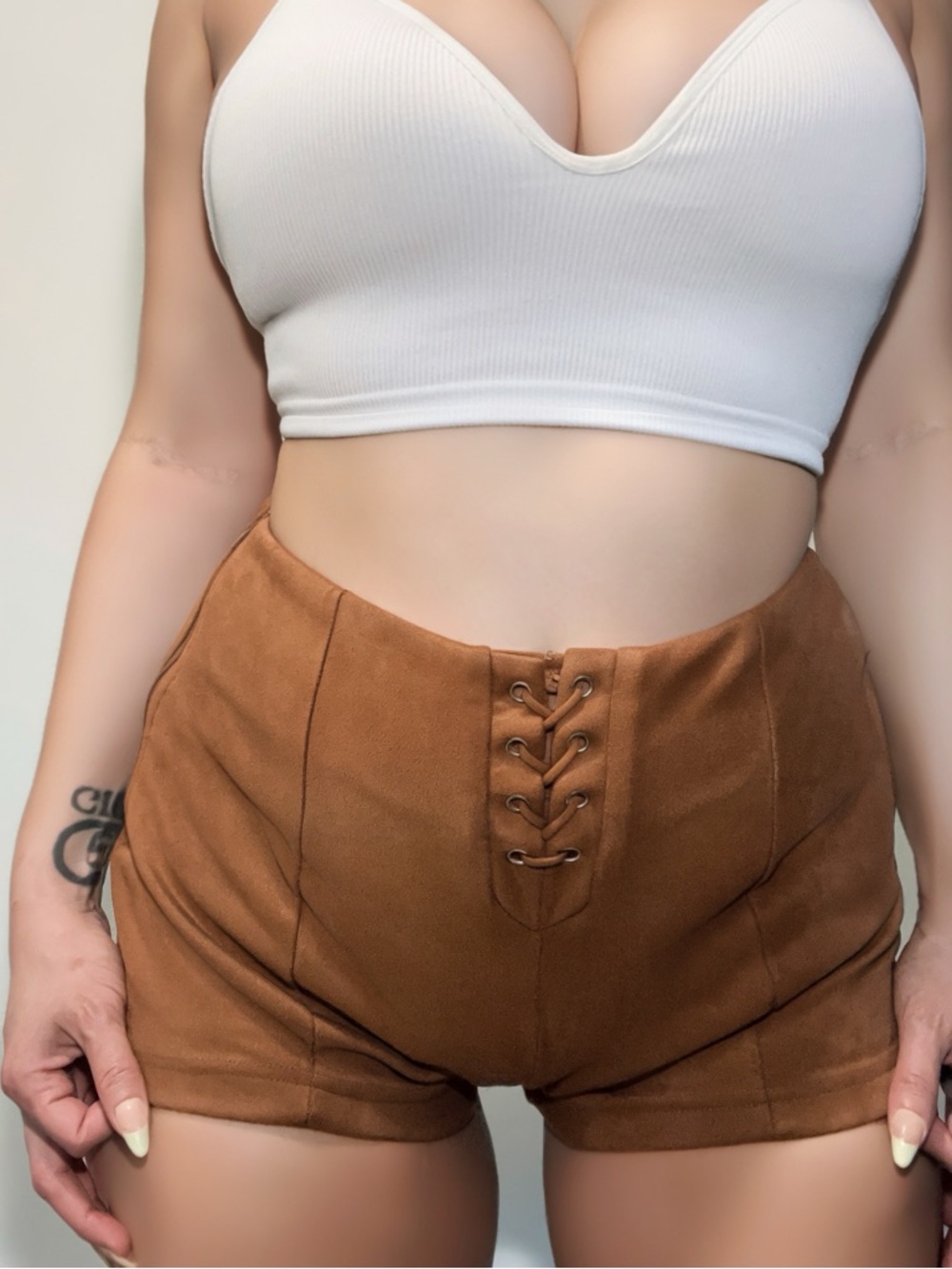 Eclipse Lace-Up Faux Suede Shorts — Camel